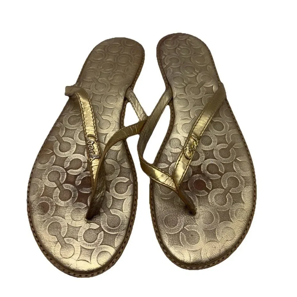 Coach Sandals Flip Flop Thong Women’s Size 8 B Gold Signature Monogram Print